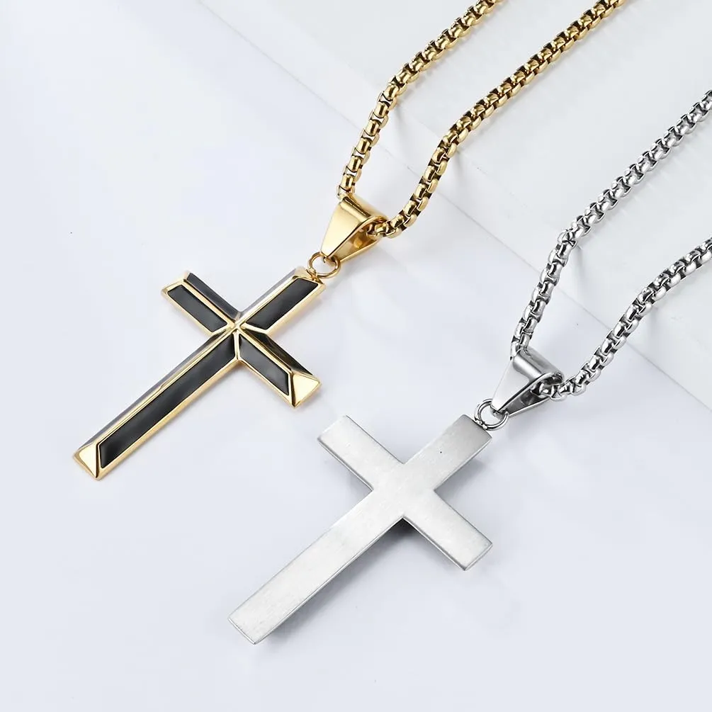 Cross Necklace for Men, Silver Gold Black Stainless Steel Cross Enamel Craft Minimalist Faith Cross Jewelry Mens Cross Pendant 24 Inch Adjustable Box Chain Unisex Cross Jewelry