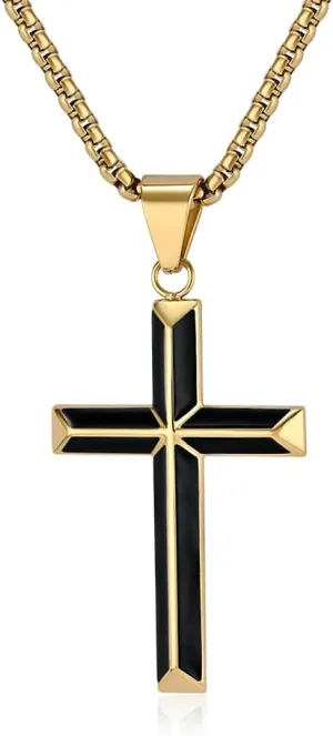 Cross Necklace for Men, Silver Gold Black Stainless Steel Cross Enamel Craft Minimalist Faith Cross Jewelry Mens Cross Pendant 24 Inch Adjustable Box Chain Unisex Cross Jewelry