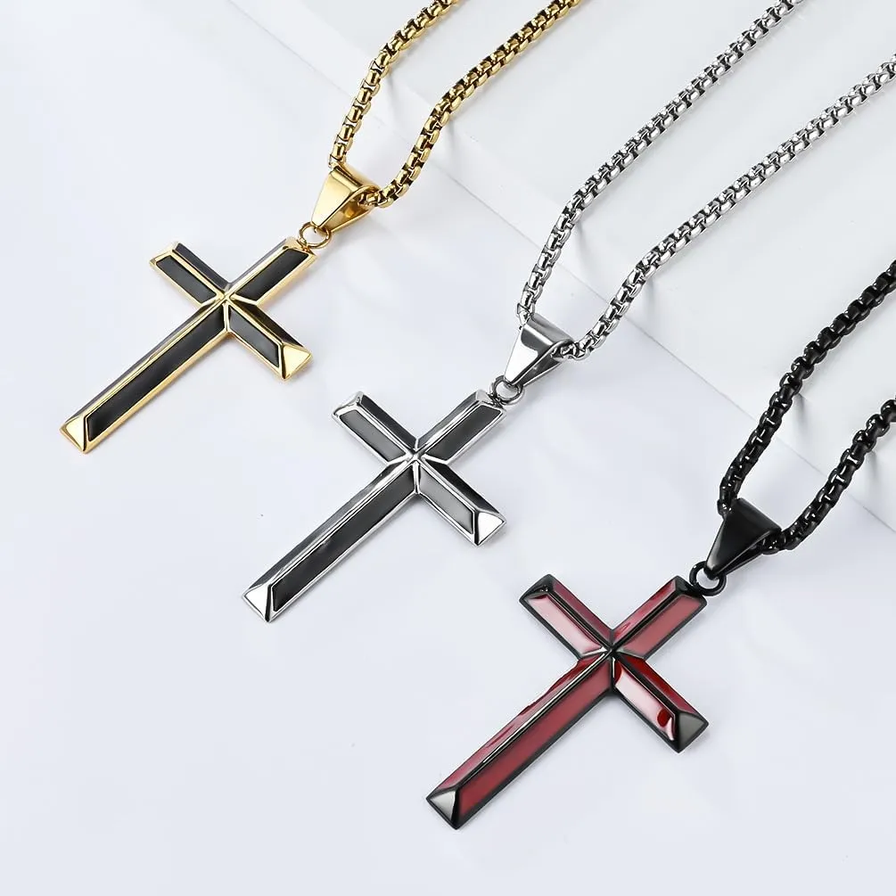 Cross Necklace for Men, Silver Gold Black Stainless Steel Cross Enamel Craft Minimalist Faith Cross Jewelry Mens Cross Pendant 24 Inch Adjustable Box Chain Unisex Cross Jewelry