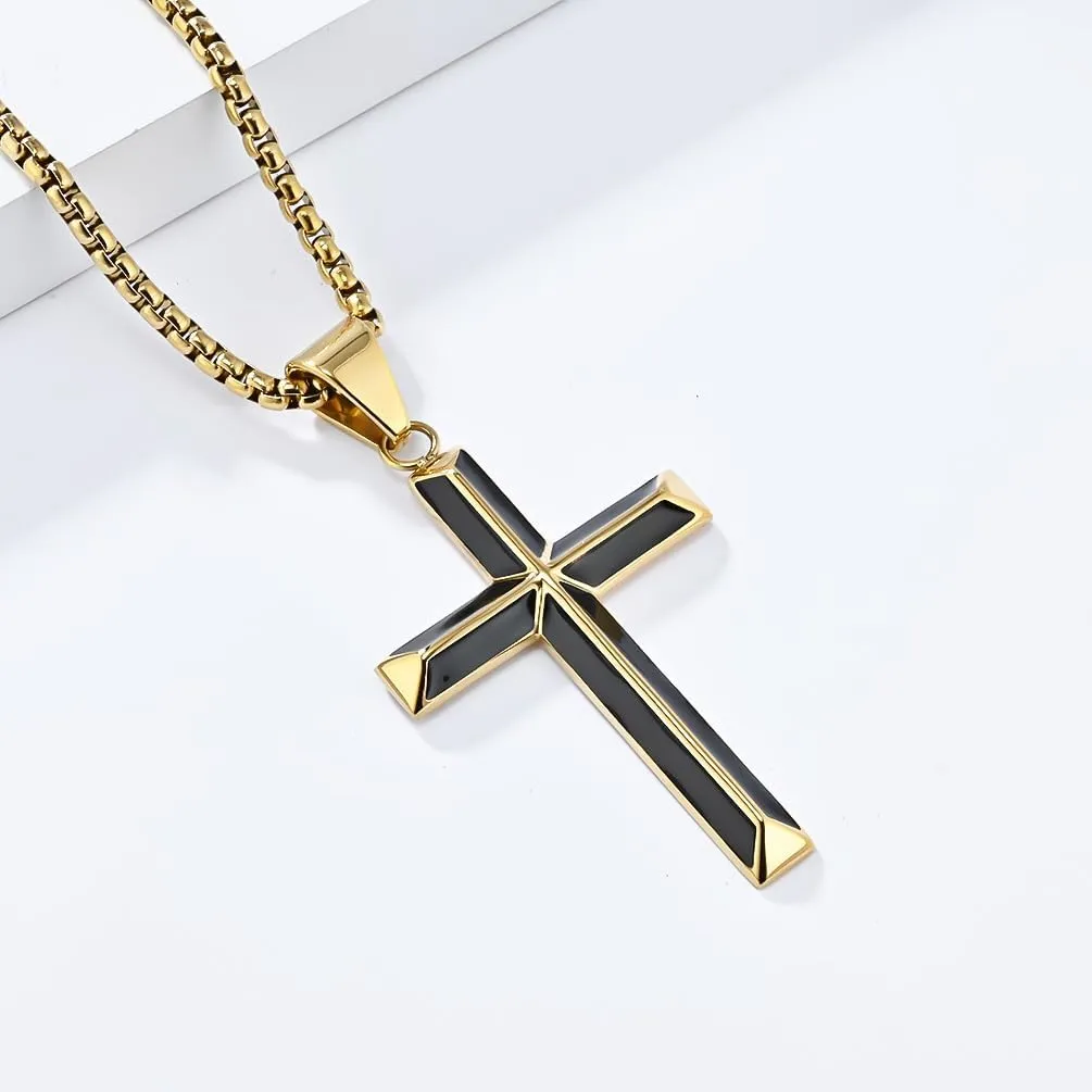 Cross Necklace for Men, Silver Gold Black Stainless Steel Cross Enamel Craft Minimalist Faith Cross Jewelry Mens Cross Pendant 24 Inch Adjustable Box Chain Unisex Cross Jewelry