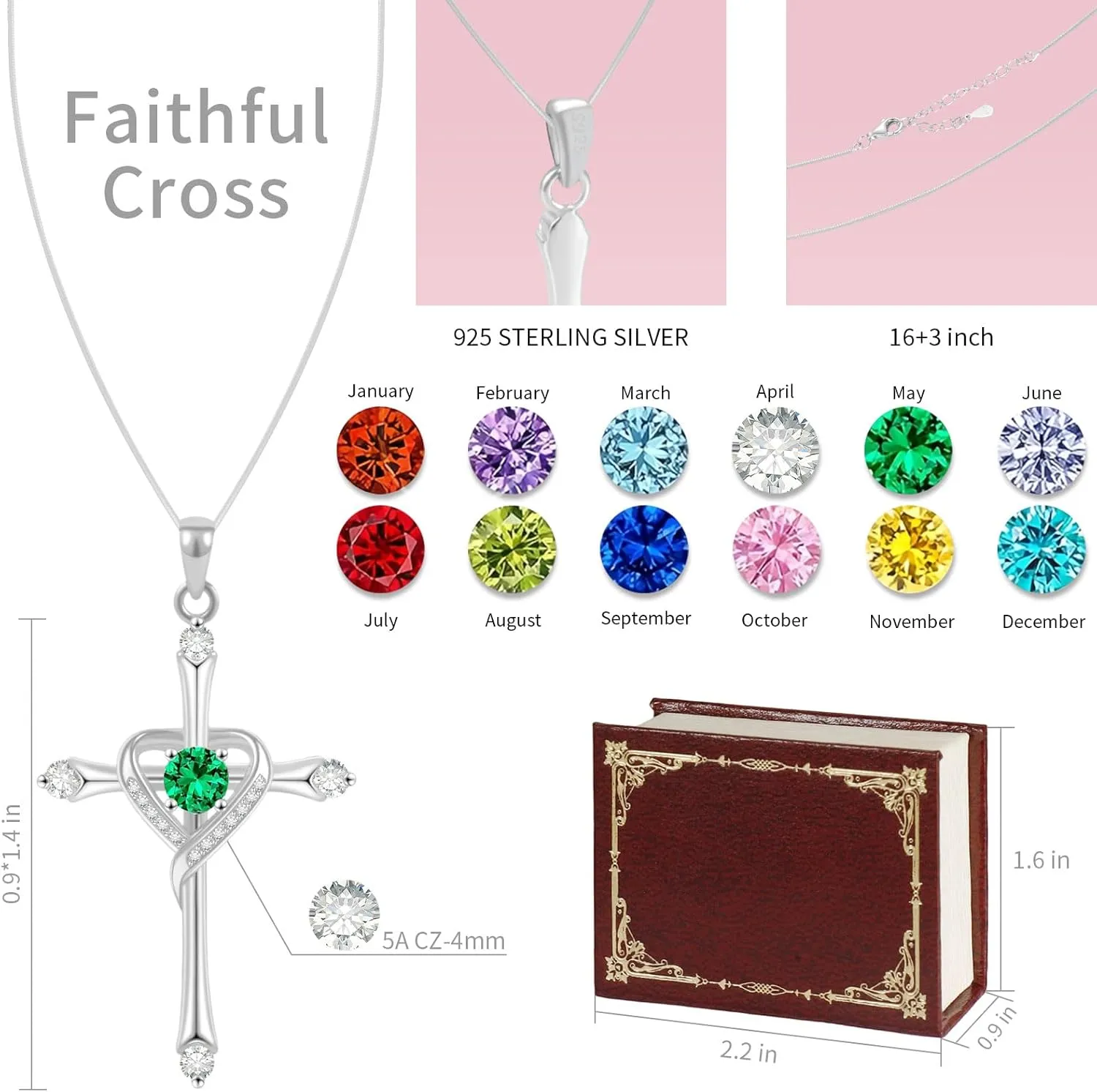 Cross Necklace for Women 925 Sterling Silver Cross Necklace Baptism Christian Gifts for Women April CZ Birthstone Necklace Religious Gifts with Bible Box Women'S Crucifix Jewelry with Snake Chain