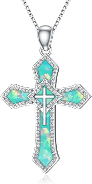Cross Necklace for Women 925 Sterling Silver Cross Pendant Necklace Fire Opal Necklace Faith Jewelry Gifts for Women Wife Birthday Anniversary