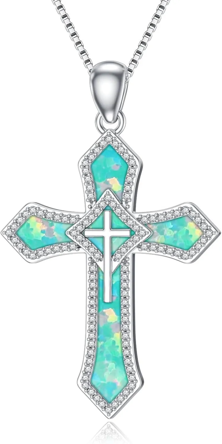 Cross Necklace for Women 925 Sterling Silver Cross Pendant Necklace Fire Opal Necklace Faith Jewelry Gifts for Women Wife Birthday Anniversary