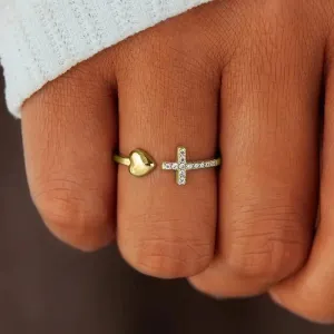 Cross Rings for Teen Girls Silver/Gold Heart Ring Cubic Zirconia Adjustable Ring Inspirational Pray Cross Heart Religious Christian Faith Jewelry Gifts for Her(Gold)9#