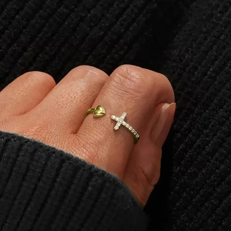 Cross Rings for Teen Girls Silver/Gold Heart Ring Cubic Zirconia Adjustable Ring Inspirational Pray Cross Heart Religious Christian Faith Jewelry Gifts for Her(Gold)9#