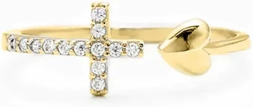 Cross Rings for Teen Girls Silver/Gold Heart Ring Cubic Zirconia Adjustable Ring Inspirational Pray Cross Heart Religious Christian Faith Jewelry Gifts for Her(Gold)9#