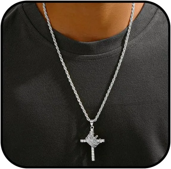 Crown Cross Necklace for Men/Women - Pendant With Rhinestone Crown