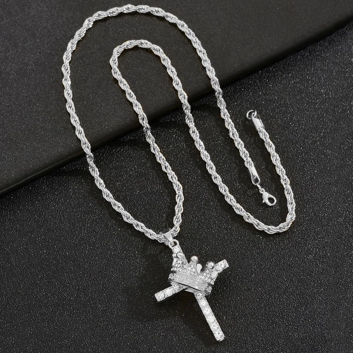 Crown Cross Necklace for Men/Women - Pendant With Rhinestone Crown