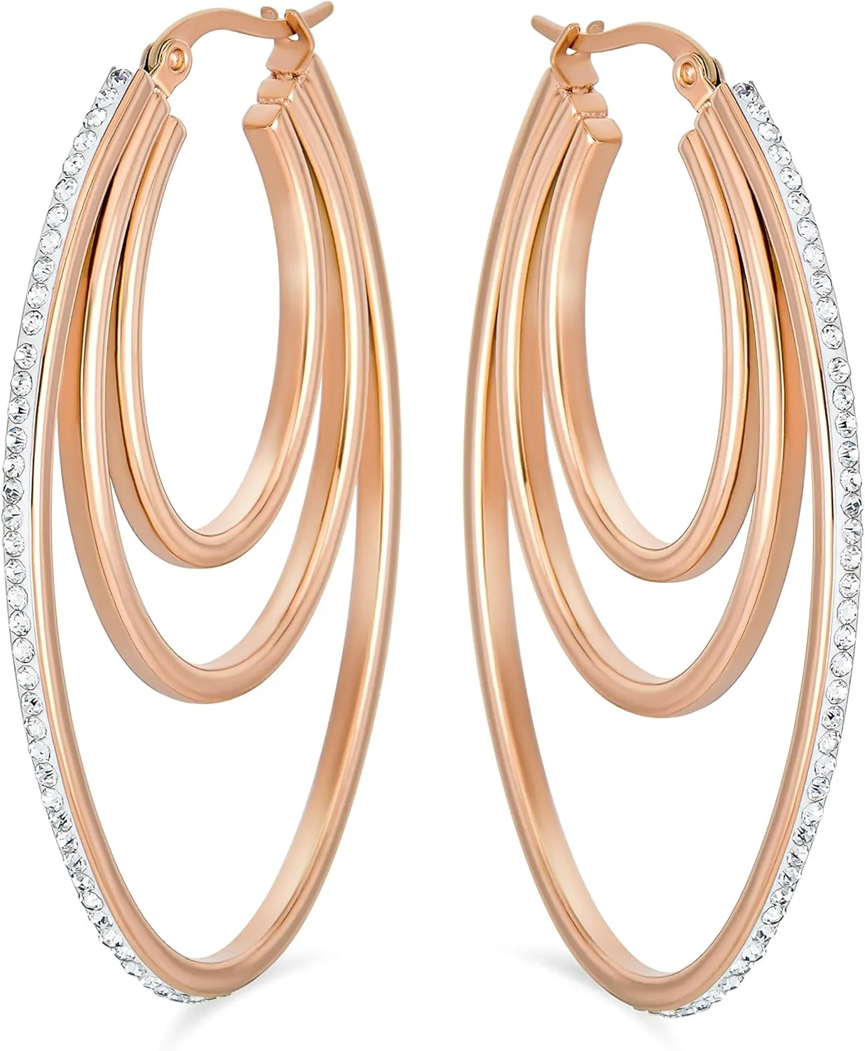 Crystal Boho Style Large Fashion Statement Big Multi Oval Hoop Earrings For Women Rose Silver Tone Stainless Steel 2in