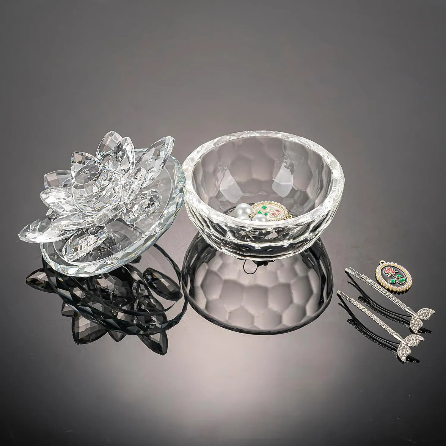 Crystal Jewelry Box Lotus Glass Jewelry Trinket Box with Lid Decorative Box to Ring Earrings Necklace Storage Holder for Home Decor (Transparent)