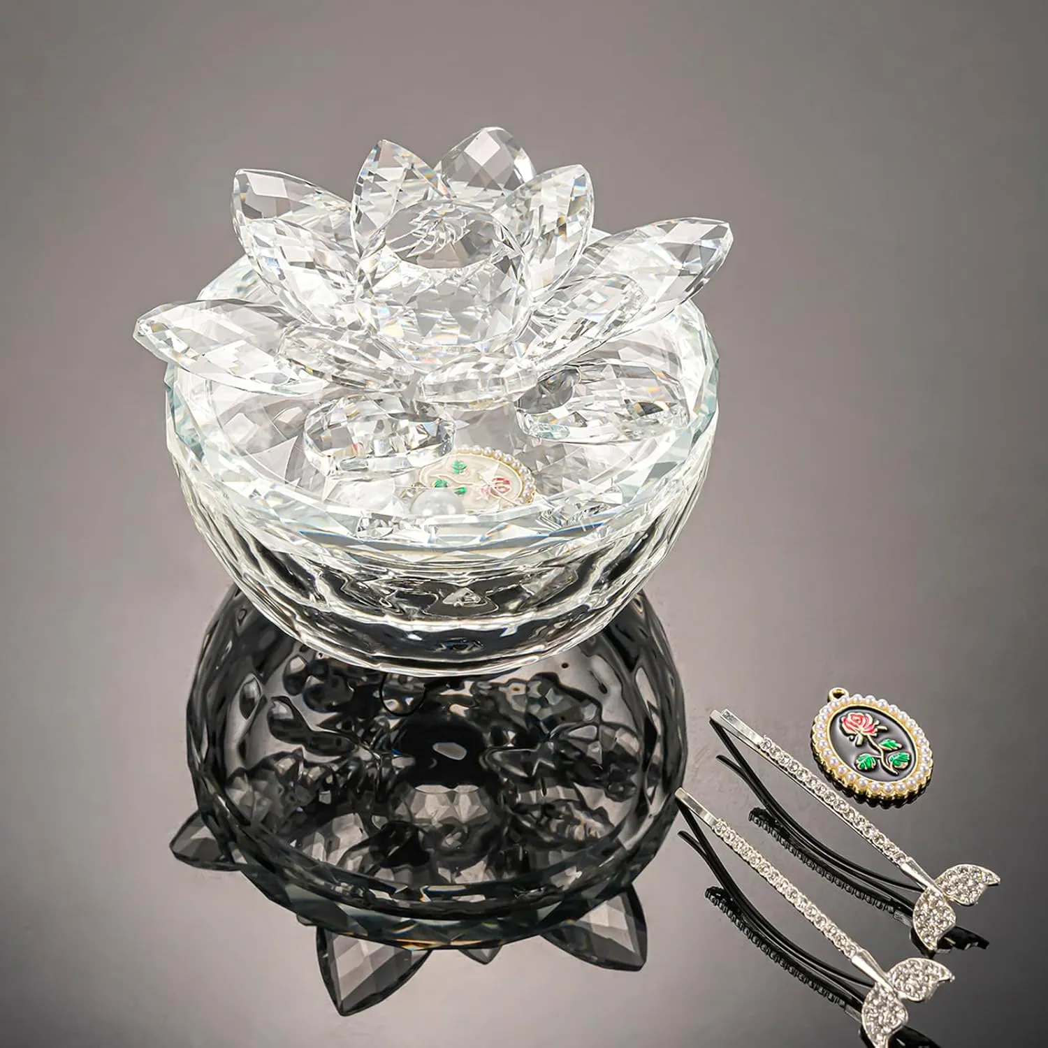 Crystal Jewelry Box Lotus Glass Jewelry Trinket Box with Lid Decorative Box to Ring Earrings Necklace Storage Holder for Home Decor (Transparent)