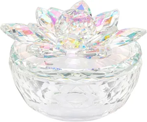 Crystal Jewelry Box Lotus Glass Jewelry Trinket Box with Lid Decorative Box to Ring Earrings Necklace Storage Holder for Home Decor(Dazzling Colors)