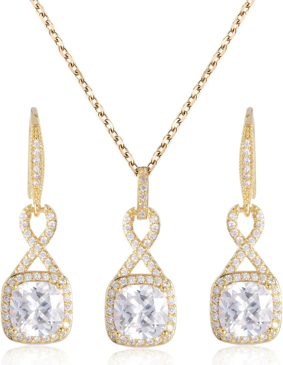 Crystal Jewelry Set for Women - Sterling Silver Princess Cut Square Cubic Zirconia CZ Bridal Pendant Necklace Earrings Set for Wedding Bride Bridesmaids Birthstone Fashion Jewelry Set