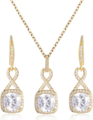 Crystal Jewelry Set for Women - Sterling Silver Princess Cut Square Cubic Zirconia CZ Bridal Pendant Necklace Earrings Set for Wedding Bride Bridesmaids Birthstone Fashion Jewelry Set