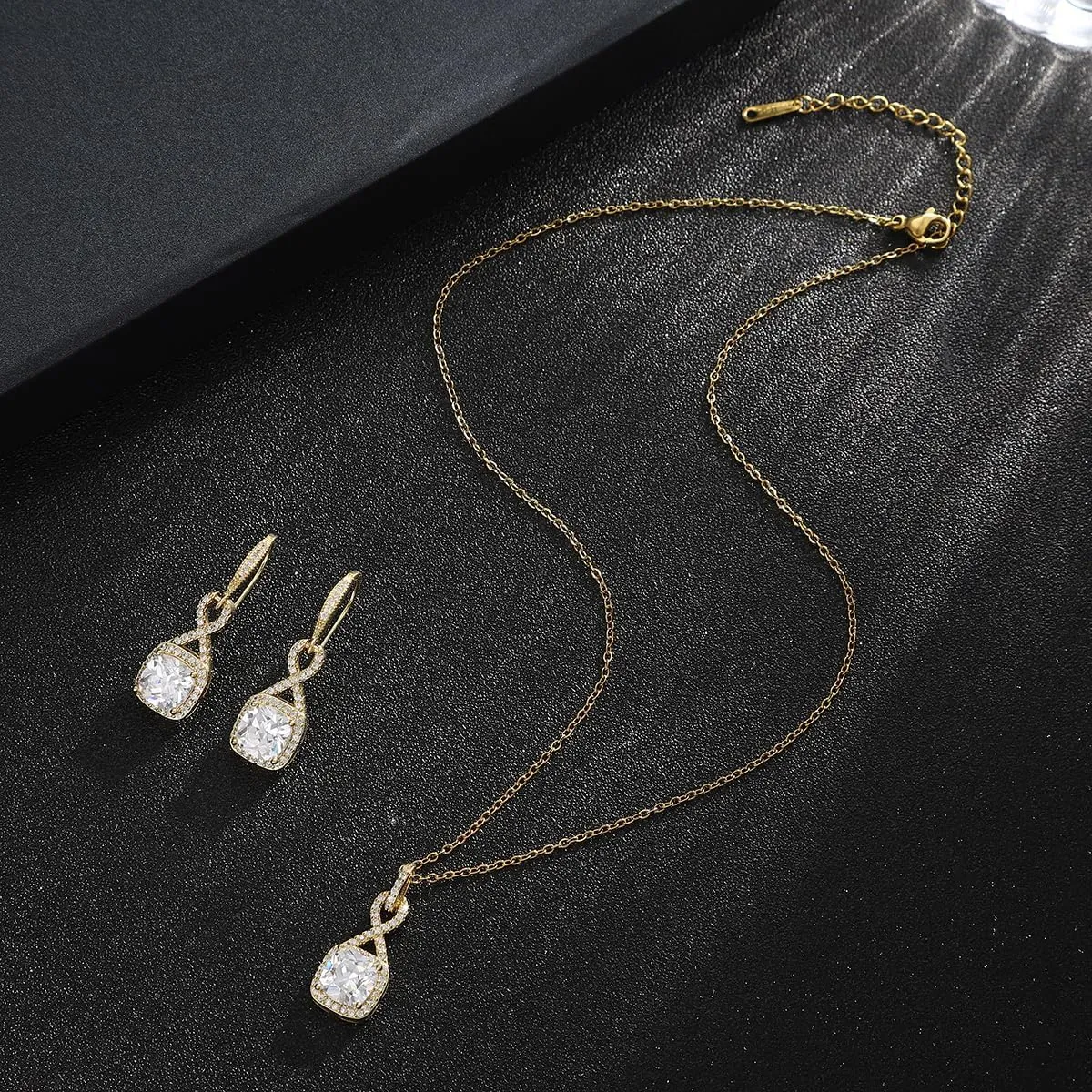Crystal Jewelry Set for Women - Sterling Silver Princess Cut Square Cubic Zirconia CZ Bridal Pendant Necklace Earrings Set for Wedding Bride Bridesmaids Birthstone Fashion Jewelry Set