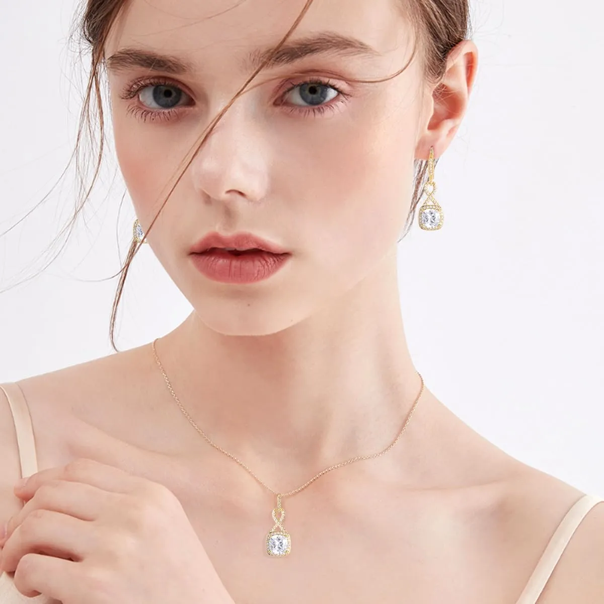 Crystal Jewelry Set for Women - Sterling Silver Princess Cut Square Cubic Zirconia CZ Bridal Pendant Necklace Earrings Set for Wedding Bride Bridesmaids Birthstone Fashion Jewelry Set