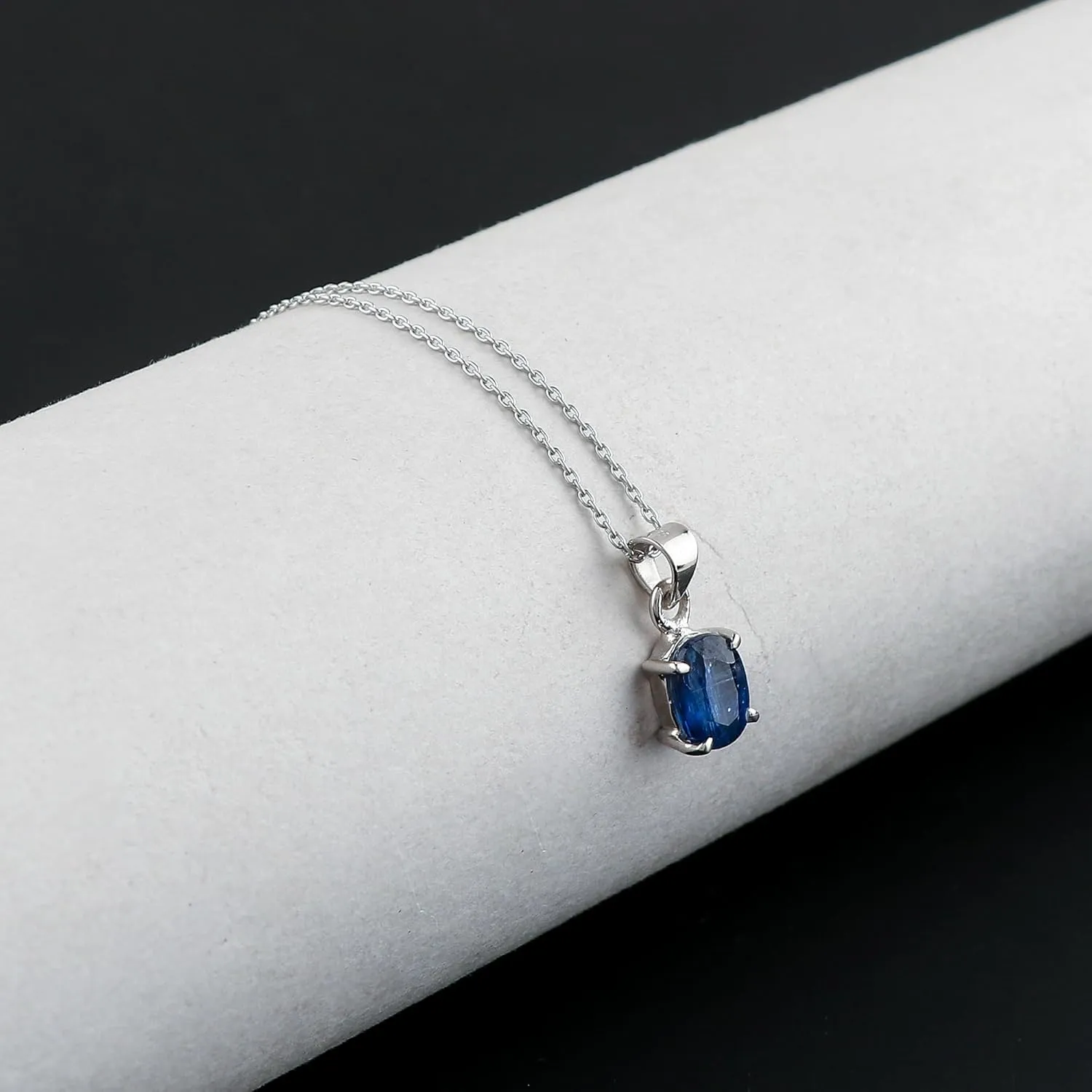 CRYSTALIS Natural Kyanite Gemstone Crystal Pendant Necklace, High Grade Brilliant Cut Crystal in Prong, Chakra Healing Women Gift Jewelry, Rhodium Over 925 Sterling Silver Chain 18 inch