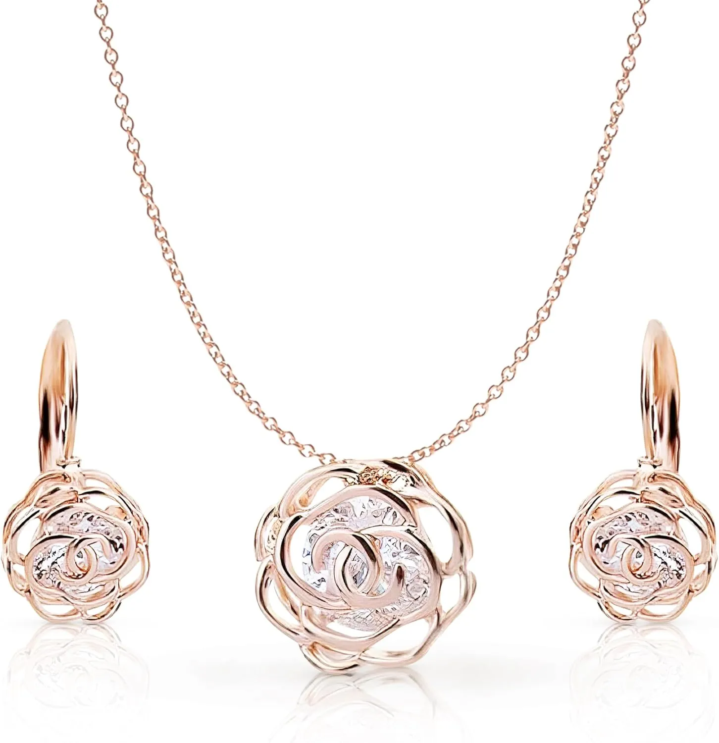 Crystalline Azuria Women 18K Gold Plated White Crystal Roses Flowers Necklace and Earrings Set for Women Wedding Party Bridal Bridesmaid Accessories