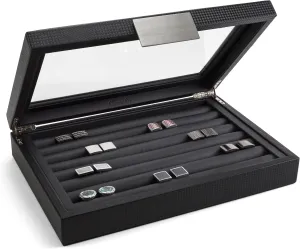 Cufflink Box for Men - Holds 70 Cufflinks - Luxury Display Jewelry Case Design - Metal Buckle Holder, Large Glass Top