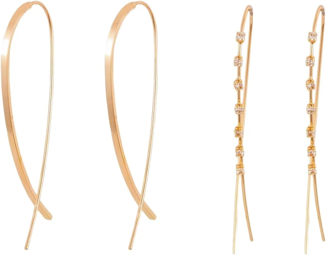 Curved Cut Threader Earrings, Minimalist U Shaped Open Wire Needle Gold Drop Dangle Earrings Long Hoop Earrings (A)