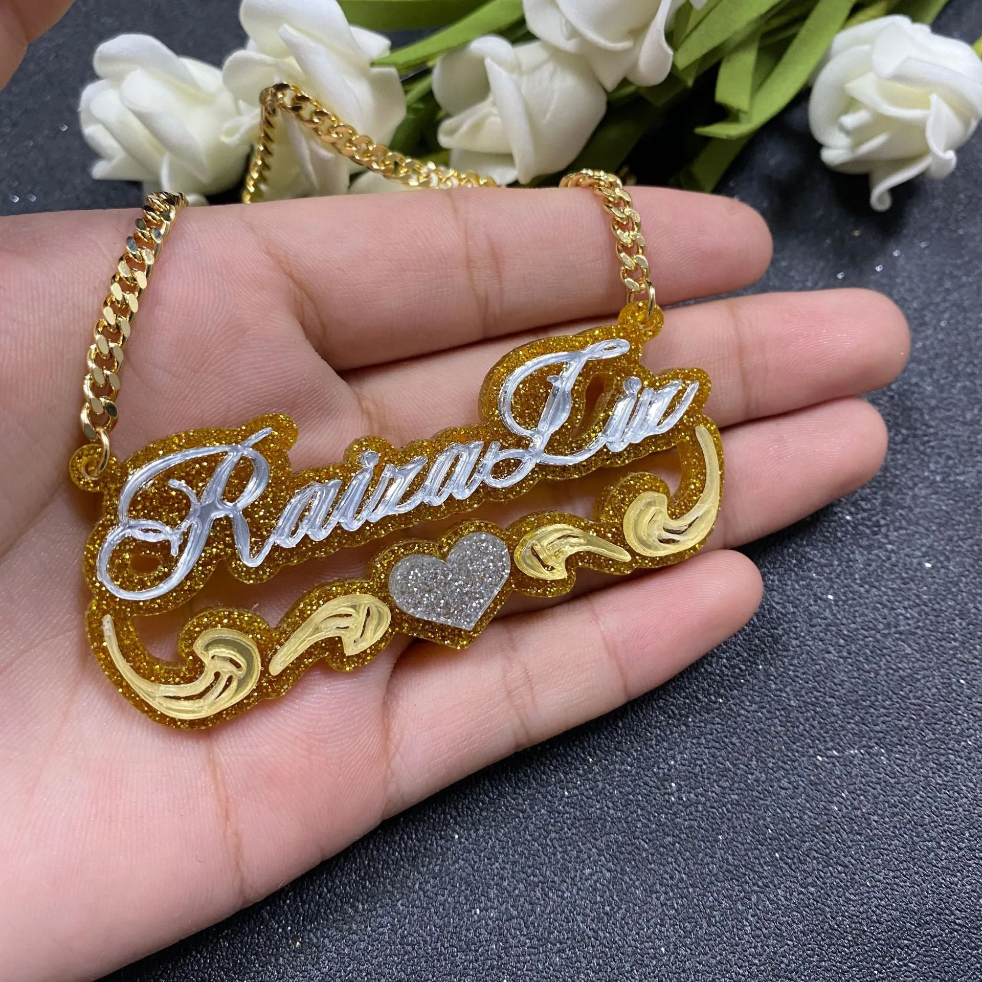 Custom creative name acrylic bamboo earrings necklace glitter set