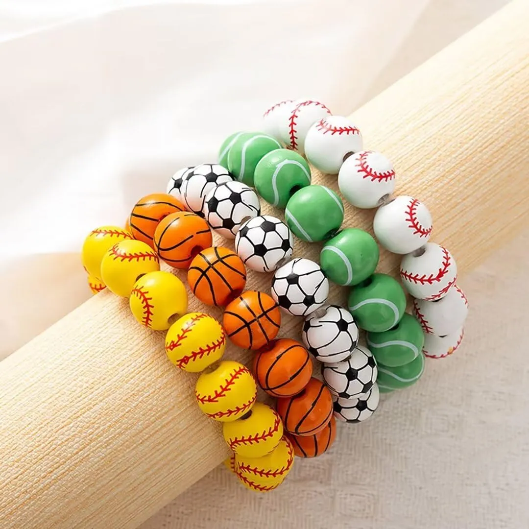 Cute Baseball Soccer Basketball Wooden Bracelet Football Volleyball Rugby Tennis Beaded Ball Stretch Bracelet Bangle for Women Men Sports Jewelry