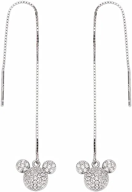 Cute Mouse CZ Threader Tassel Earrings Sterling Silver 925 Dainty Crystal Rhinestone Long Chain Ear Line Dangle Charm Drop Hoop Stud Earring Statement Ear Jewelry Lovely Gifts for Women