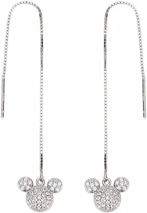 Cute Mouse CZ Threader Tassel Earrings Sterling Silver 925 Dainty Crystal Rhinestone Long Chain Ear Line Dangle Charm Drop Hoop Stud Earring Statement Ear Jewelry Lovely Gifts for Women