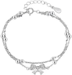 CZ Bow Knot Ball Beaded Chain Bracelet for Women Silver Plated Crystal Hand Charms Link Stackable Bracelets Adjustable Trendy Lucky Wedding Birthday Christmas Jewelry