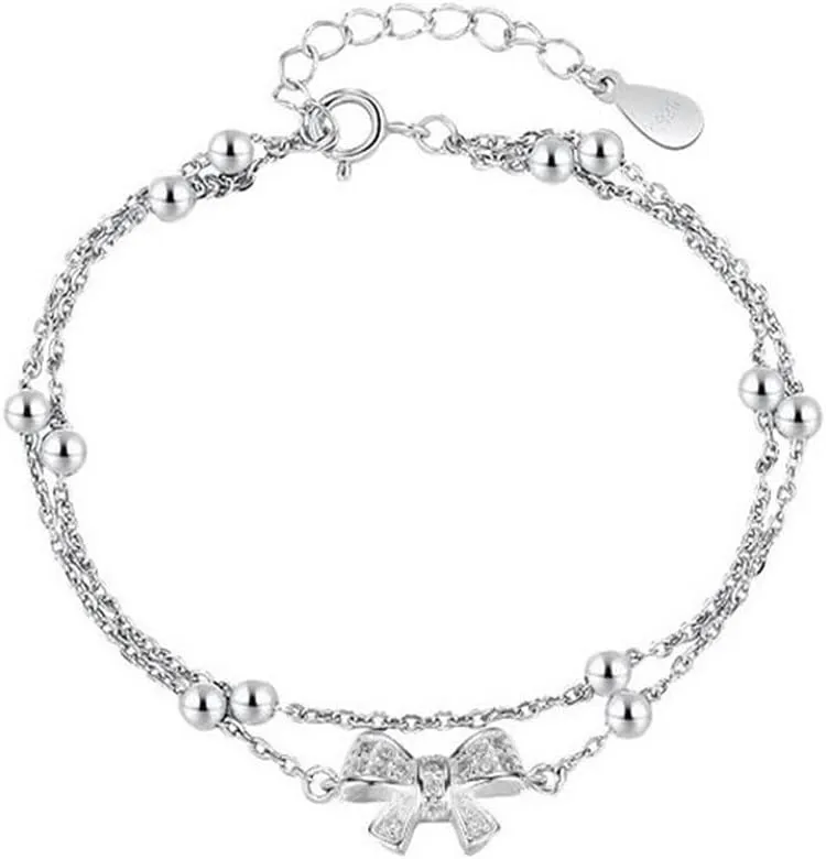 CZ Bow Knot Ball Beaded Chain Bracelet for Women Silver Plated Crystal Hand Charms Link Stackable Bracelets Adjustable Trendy Lucky Wedding Birthday Christmas Jewelry