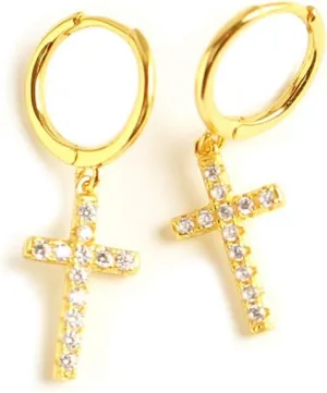 CZ Cross Charm Dangle Small Hoop Earrings Sterling Silver Clear Crystal Christian Religious Hinged Endless Huggie Earring Jewelry for Women Girls