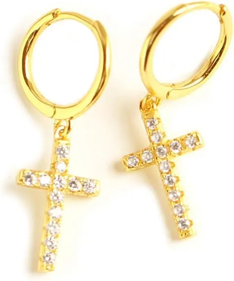 CZ Cross Charm Dangle Small Hoop Earrings Sterling Silver Clear Crystal Christian Religious Hinged Endless Huggie Earring Jewelry for Women Girls