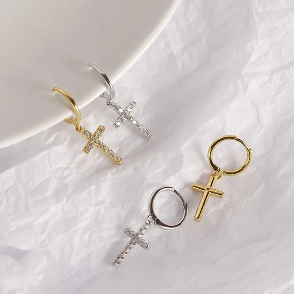 CZ Cross Charm Dangle Small Hoop Earrings Sterling Silver Clear Crystal Christian Religious Hinged Endless Huggie Earring Jewelry for Women Girls