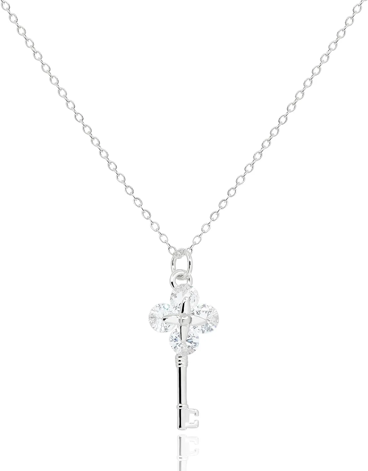 Dainty Crystal Key Necklace for Women Rhodium Silver Plated Stainless Steel Tiny Clover Key Pendant Everyday Simple Cute Jewelry Gifts [KN-D-S]