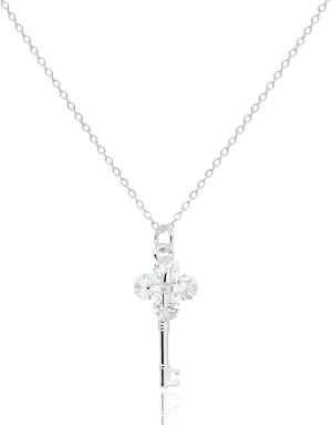 Dainty Crystal Key Necklace for Women Rhodium Silver Plated Stainless Steel Tiny Clover Key Pendant Everyday Simple Cute Jewelry Gifts [KN-D-S]