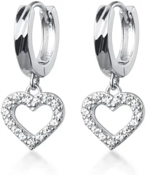 Dainty Heart Dangle Small Huggie Hoop Earrings Hypoallergenic 925 Sterling Silver Cubic Zirconia Crystal Love Heart Drop Charm Earring Pierced Wrap Cuffs for Women Teen Girls Little Daughter Cute