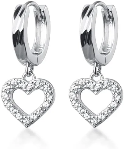 Dainty Heart Dangle Small Huggie Hoop Earrings Hypoallergenic 925 Sterling Silver Cubic Zirconia Crystal Love Heart Drop Charm Earring Pierced Wrap Cuffs for Women Teen Girls Little Daughter Cute