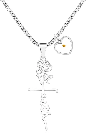 Dainty Rose Flower Cross Necklace Stainless Steel Initial Faith Pendant, Inspirational Religious Faith Mustard Seed Jewelry Christian Gatherings For Women Birthdays