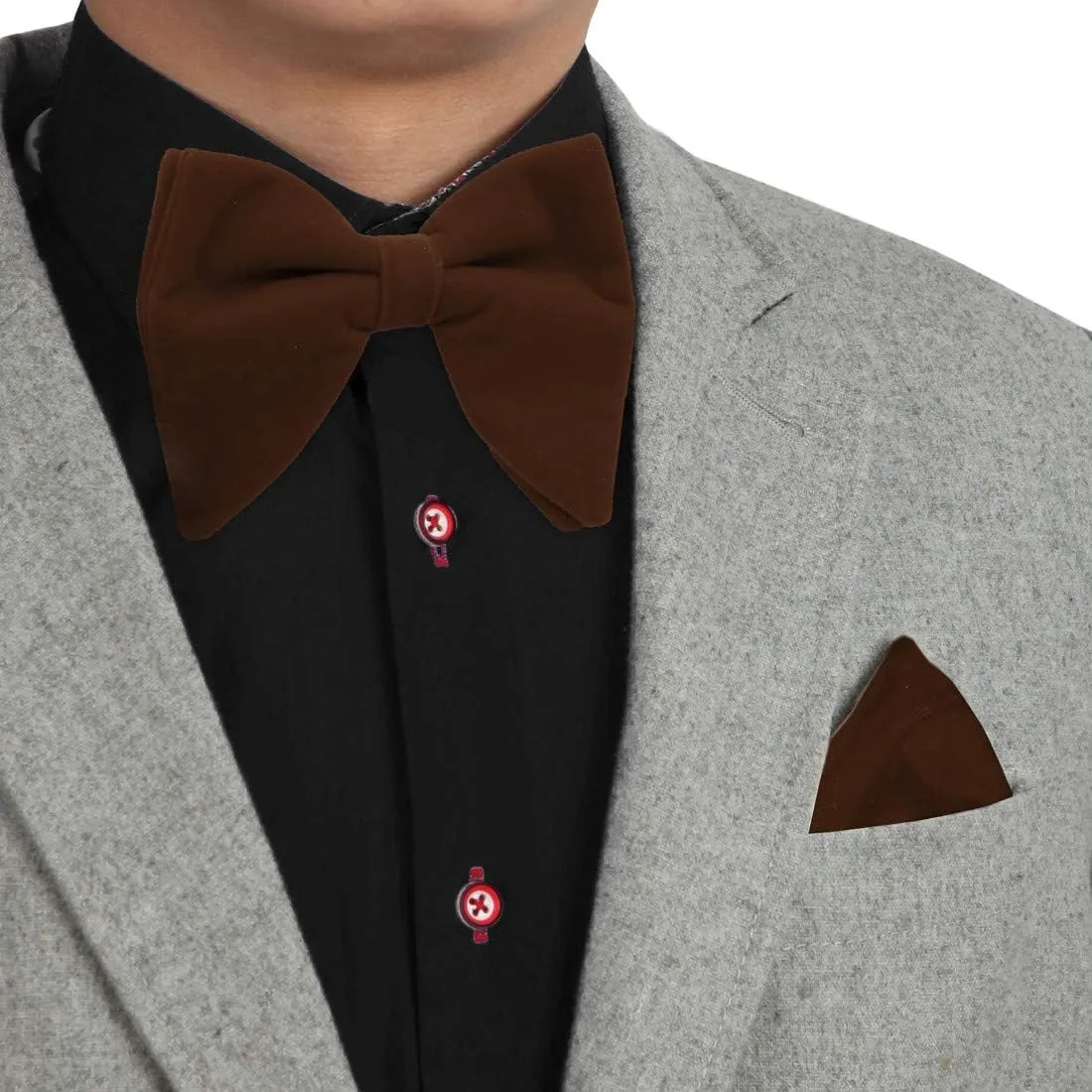 Dan Smith Mens Big Bow Ties Set Soild Velvet Oversize Pre-Tied Bow Tie Hanky Cuff Hankchief Cufflinks Lapel Pin