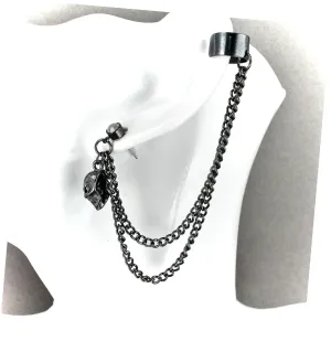 Dark Grey Dangle Post Stud Skull Earring Ear Cuff 4" Long Chain Light Gray Adorable Statement Jewelry Earrings for Women