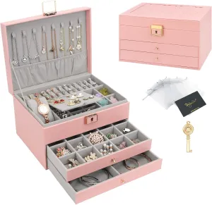 DesignSter Jewelry Box, Jewelry Organizer with 2 Drawers, 3 Layers Leather Jewelry Storage Box with Lock, Jewelry Storage Case for Necklaces Earrings Bracelets and RingsPink