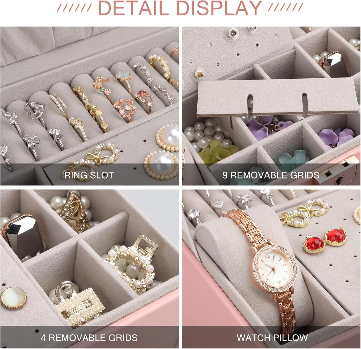 DesignSter Jewelry Box, Jewelry Organizer with 2 Drawers, 3 Layers Leather Jewelry Storage Box with Lock, Jewelry Storage Case for Necklaces Earrings Bracelets and RingsPink