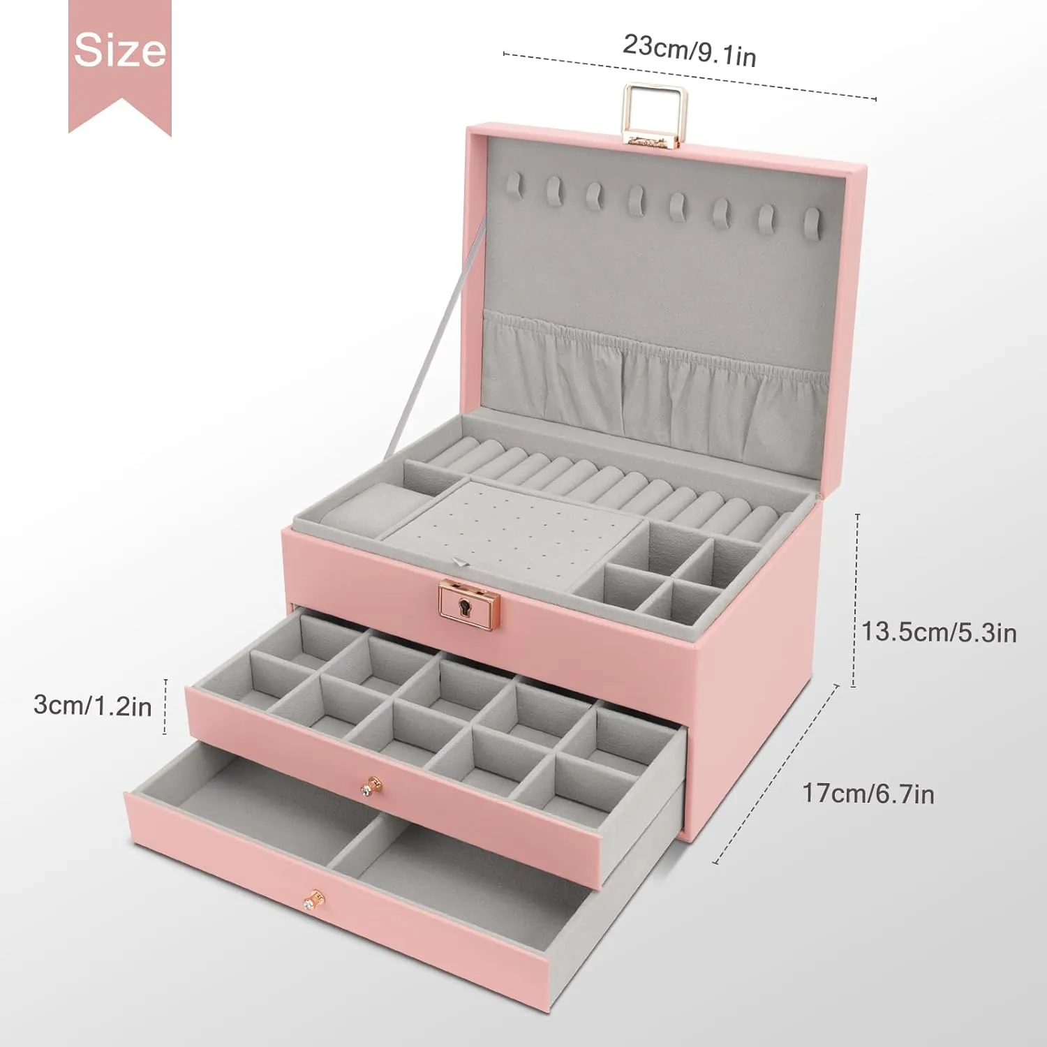 DesignSter Jewelry Box, Jewelry Organizer with 2 Drawers, 3 Layers Leather Jewelry Storage Box with Lock, Jewelry Storage Case for Necklaces Earrings Bracelets and RingsPink