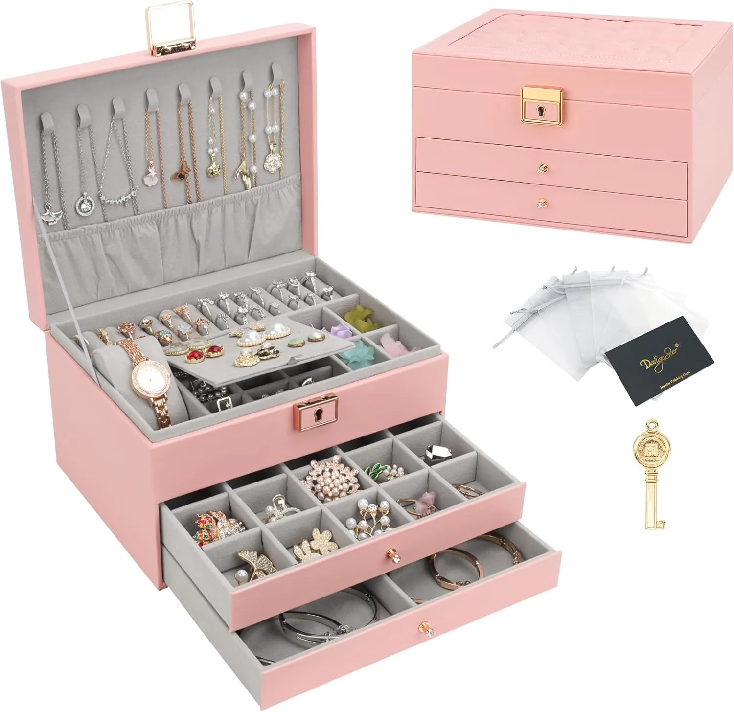 DesignSter Jewelry Box, Jewelry Organizer with 2 Drawers, 3 Layers Leather Jewelry Storage Box with Lock, Jewelry Storage Case for Necklaces Earrings Bracelets and RingsPink