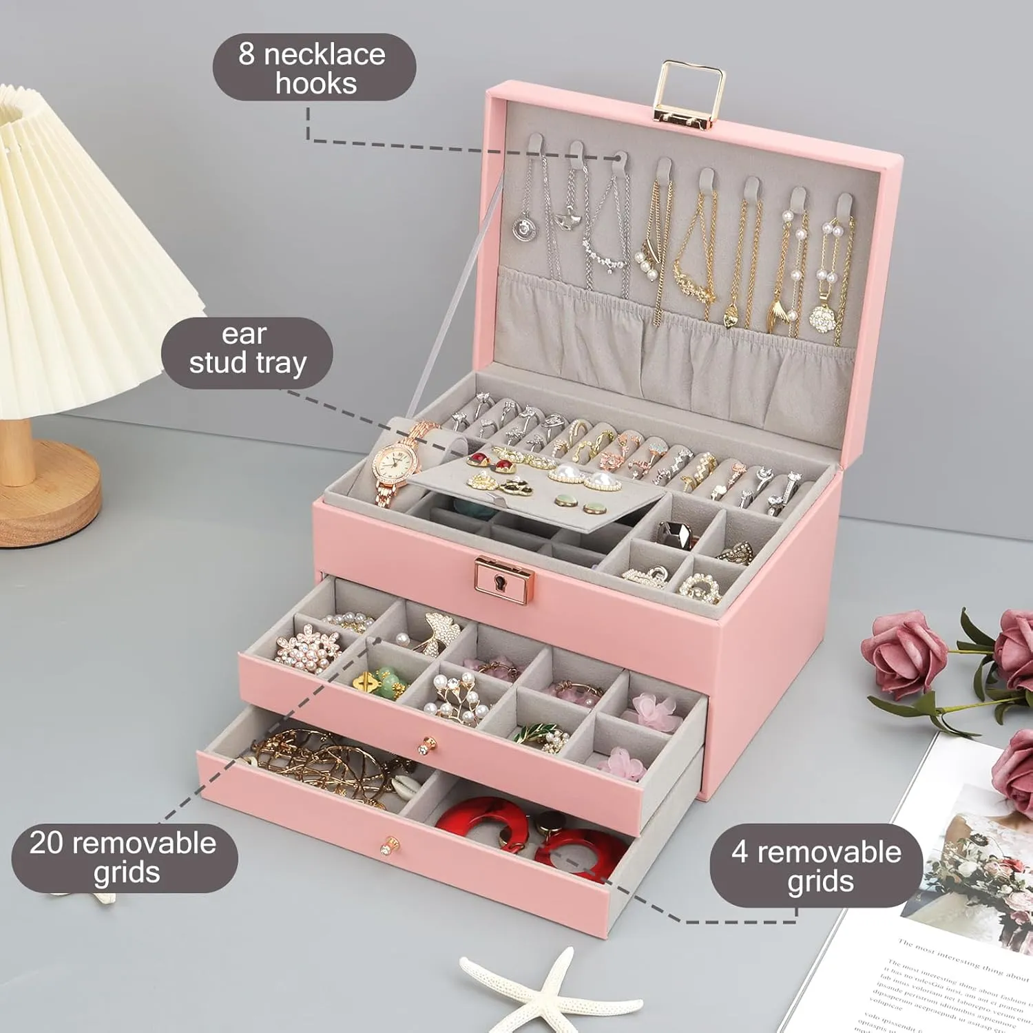 DesignSter Jewelry Box, Jewelry Organizer with 2 Drawers, 3 Layers Leather Jewelry Storage Box with Lock, Jewelry Storage Case for Necklaces Earrings Bracelets and RingsPink