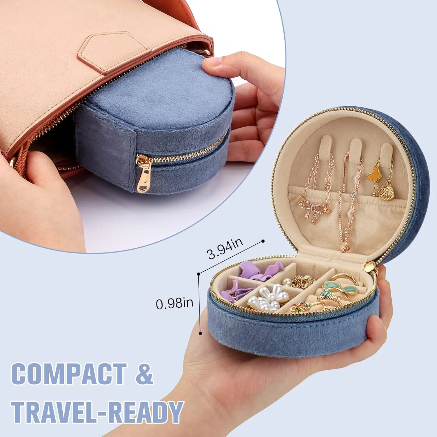 DesignSter Travel Jewelry Box - Velvet Mini Jewelry Organizer, Small Jewelry Case for Girls Women, Jewelry Storage Box for Rings Earrings Necklace (Circular, Blue Fog)
