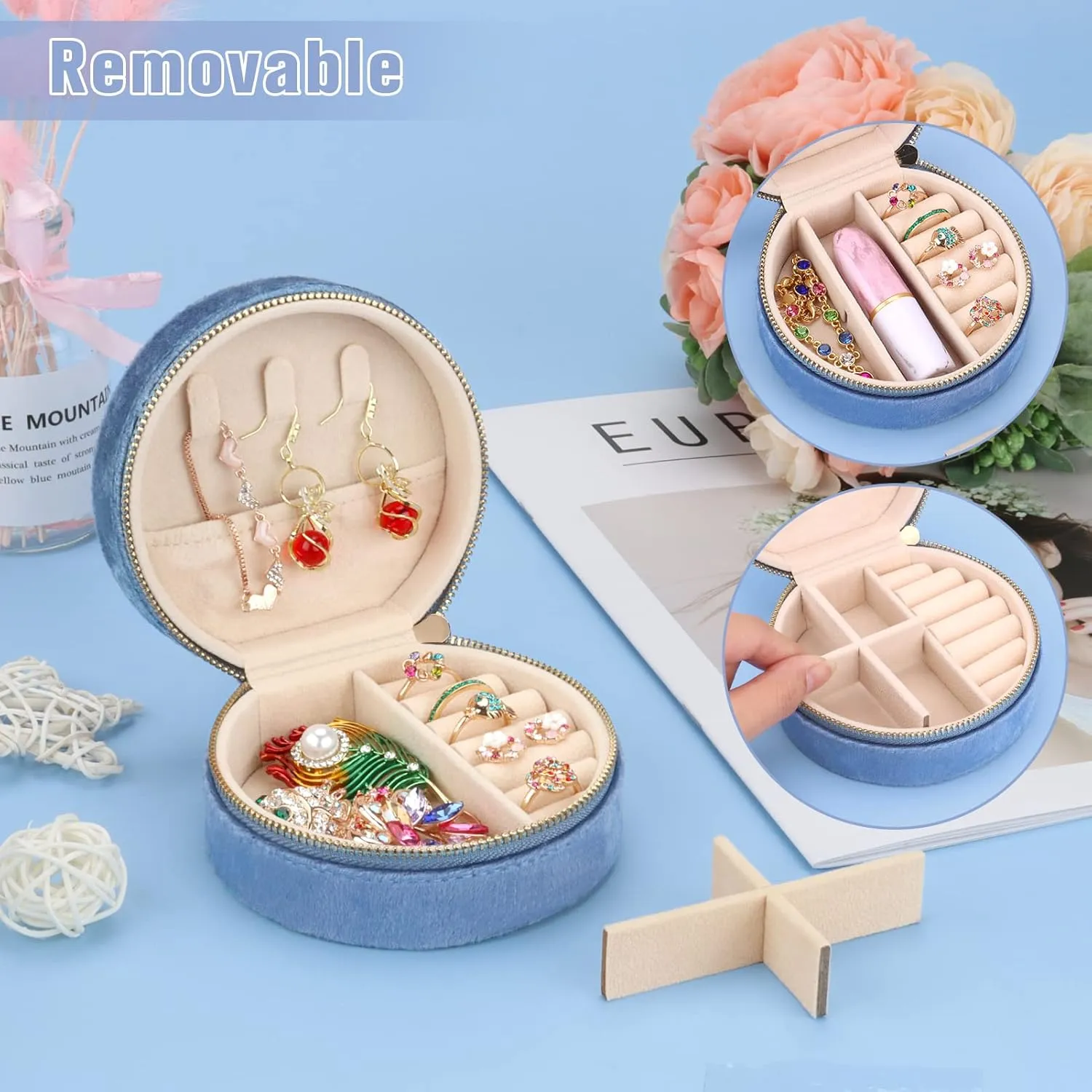 DesignSter Travel Jewelry Box - Velvet Mini Jewelry Organizer, Small Jewelry Case for Girls Women, Jewelry Storage Box for Rings Earrings Necklace (Circular, Blue Fog)