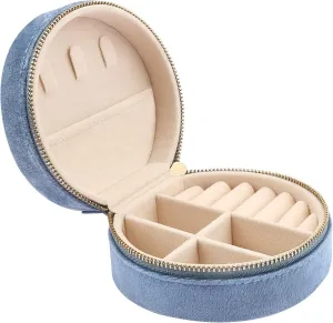 DesignSter Travel Jewelry Box - Velvet Mini Jewelry Organizer, Small Jewelry Case for Girls Women, Jewelry Storage Box for Rings Earrings Necklace (Circular, Blue Fog)
