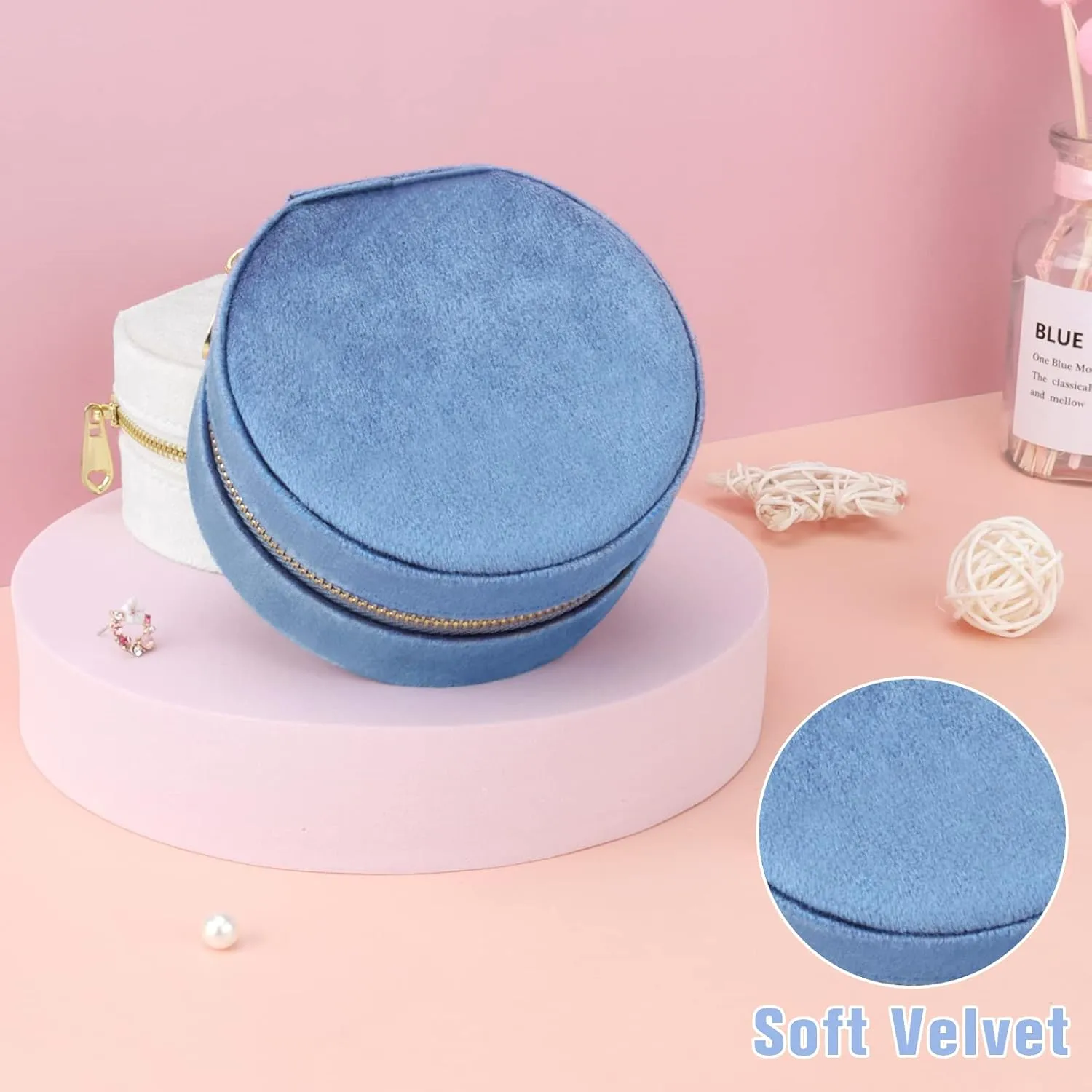 DesignSter Travel Jewelry Box - Velvet Mini Jewelry Organizer, Small Jewelry Case for Girls Women, Jewelry Storage Box for Rings Earrings Necklace (Circular, Blue Fog)