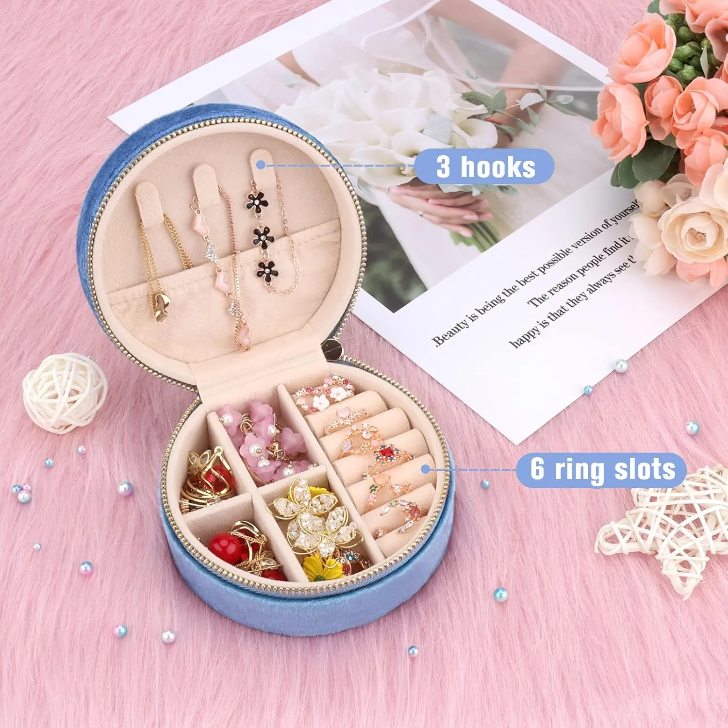 DesignSter Travel Jewelry Box - Velvet Mini Jewelry Organizer, Small Jewelry Case for Girls Women, Jewelry Storage Box for Rings Earrings Necklace (Circular, Blue Fog)